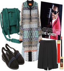 Stevie Wonder
We're still not over how the Outside Lands festival programmers managed to do it: THE Stevie Wonder live on stage this Sunday night. If all you can think of right now are the hours leading up to this legend's performance, wait till you see what we've culled for you to wear. Throw on this stunning Clover Canyon number over a pair of modest midi shorts, and then slather on this slick YSL gloss which you'll stuff into this Gap satchel. You'll have someone special crooning "Isn't She Lovely?" to you in no time!
Clockwise from left: Gap Suede Satchel, $60, available at Gap; Rachel Comey Southpaw Slingback Loafer, $391, available at Acrimony; Clover Canyon Printed Chiffon Tunic, $245, available at Net-A-Porter; Opening Ceremony Wrap Short, $120, available at La Garçonne; YSL Golden Gloss Shimmering Lip Gloss, $30, available at Sephora.
Album Art: Via Amazon stevieWonder