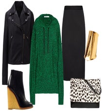 The Interview Suit — Even if you don't work in a corporate environment, chances are that you own a skirt suit for those few times you interviewed for one. You wear your blazer plenty, but that poor pencil skirt hasn't ever been invited out to play. Dress it up with fun wedges, a moto jacket, and a sweater that's both luxe and laid-back.
Clockwise from top left: Uniqlo Women's Synthetic Leather Biker Jacket, $59.90, available at Uniqlo; T By Alexander Wang Hooded Sweatshirt, $285, available at Net-A-Porter; Mango Pencil Skirt, $59.99, available at Mango; Sibilia Hammer Split Brass Cuff, $128, available at Anthropologie; Leona Oversized Dalmatian Clutch, $18, available at Boohoo; Zara Wedge Ankle Boots, $49.99, available at Zara.
interviewSuitSkirt