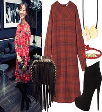 Connie Wang, global editor
Since it is the holidays after all, why not go ultra-literal with Christmas colors? Connie's plaid ASOS dress offers a more subtle option, and the vintage Jill Stuart fringe bag adds a funky edge to the look.
Zara Box Clutch With Fringes, $49.90, available at Zara; Toast Check Shirt Dress, $143, available at Toast; Brook & Lyn Medallion Trio Necklace, $296, available at Brook & Lyn; The Brave Collection Red Brass Bracelet, $38, available at R29 Shops; Forever 21 Pointed Platform Booties, $34.80, available at Forever 21. connie