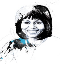 Michelle Obama, written by Maya Angelou
"The philosophers tell us that power corrupts and absolute power corrupts absolutely. Mrs. Obama is as if it doesn’t touch her. She hasn’t tried to become anybody else’s idea of the First Lady. She has remained herself, with her grace, her gentleness and her sense of humor. That she would dare to wear clothes off the rack. Or go out and garden. Or have a grandmother in the White House. She knows how to be a public creature without being separate from her family."
Photo: Illustration by David Despau for Time 2013_time100_obama_m