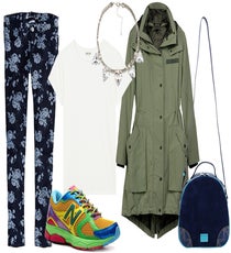 Those Retired Running Shoes — Your old running shoes served you well on the track, but even though they're not fit for serious pavement pounding anymore, they're still shoes. Keep the casual thing going, but choose pieces that are a little more elevated: Think printed jeans, a beautifully draped tee, and an army coat with some structure. Top it off with a necklace — no sweat!
Clockwise from top left: AE Floral Legging, $39.99, available at American Eagle; Reiss Della Mesh Trim T-Shirt, $26, available at Reiss; H&M Arrow Necklace, $14.95, available at H&M; rag & bone Wynn Coat, $895, available at rag & bone; Meredith Wendell Small Green Eye Handbag, $290, available at Meredith Wendell.
runningShoes
