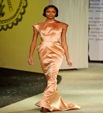 This hourglass-shaped, mermaid-hemmed Ulyana Sergeenko gown in peach would look lovely on Jessica Chastain. sgk_HCss13_141