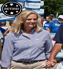 Ann Romney has no doubt worked hard to maintain that enviably trim waist, so we're hoping that she'll refrain from this campaign-wife faux pas — dressing like your husband — and choose ladylike silhouettes that flatter her figure.
Photo: Kayana Szymczak/Getty Images 02_retire_lookinglikemitt