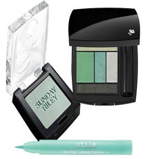 Mint-Green Eyes
Try a winged eyeliner in mint for a crazy-refreshing update on a classic. Paired with clean skin and tangerine gloss, the mint-green eye is the perfect summer statement. "The color works beautifully on all skin tones," assures Cherman. "When finished with some coats of black mascara, the contrast between black lashes and mint liner is popping, but still wearable.” On a hot summer day or night, it'll be like sipping on an iced mojito (in makeup form, of course).
Sunday Riley Prismasilk Eye Color in Mint Julep, $26, available at Barneys New York;
Lancome Color Design 5 Shadow & Liner in Vert Tendresse, $48, available at Sephora;
Stila Stay All Day Waterproof Liquid Eye Liner in Turquoise, $20, available at Urban Outfitters.
mint_eyes