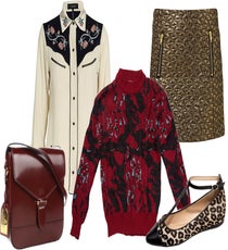 It might seem counterintuitive to pair a busy sweater with even more patterns, but in fact, taking a walk on the wild side and mixing and matching prints can take that knit out of the '90s and make it look much more street-style chic. Clockwise from top left: Isabel Marant Lauryn Embroidered Western Shirt, $786, available at YouHeShe; Topshop Gold Jacquard Mini Skirt, $40, available at Topshop; Belle by Sigerson Morrison Variee Leopard Flats, $260, available at Madewell; Chapel Hill Printed Sweater, $60, available at R29 Shops; LAUREN Ralph Lauren Dorian Crossbody, $228, available at Zappos. slide_2