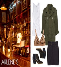 We can't talk about the Lower East Side without getting into a little grunge. Arlene's has played home to up-and-coming bands (The Strokes ring a bell?) since the mid ‘90s, and it's still kickin'. This is where punks and suits unite. Case in point: You'll catch the maitre d' at Daniel letting his hair down on rock-'n'-roll karaoke nights.This bra is meant to be seen. Let it show through a thin white tank tucked into a high-waisted skirt. And, since you're going to be taking
the stage (yes, you are!), you'll need some rock-star boots.American Eagle Boyfriend Tank, $15.95, available at American Eagle; Stella Mccartney Marguerite Riding Soft Cup Bra, $70, available at Journelle; Rachel Comey Mars Shoe, $427.50, available at Club Monaco; Topshop Khaki Army Jacket, $96, available at Topshop; Katharine Hamnett Jane Russell Stretch-Denim Skirt, $49.50, available at The Outnet.Arlene's Grocery, 95 Stanton Street (between Ludlow and Orchard streets); 212-358-1633. Photographed by John Bergdahl 4ColeHaan_ArlenesCollage2