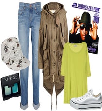 Big Boi
If we should find you by the windy Twin Peaks stage this Saturday for rapper Big Boi's set, we better not catch you to’ up from the flo’ up! Combat bouts of fog and other elements by throwing on a rad parka over these borrowed-from-the-bois baby-blue jeans. A couple more bright ideas to toss into the getup? This loud Acne tee and metallic Converse kicks (comfy and cute, FTW). Then dab on shimmery turquoise all over your pretty peepers to play them up a little. Why, hello there.
Clockwise from left: Forever Strung Floral and Polka-Dot 5 Panel Cap, $35, available at Karmaloop; NARS Burn It Blue Duo Cream Eyeshadow, $34, available at Barneys New York; J Brand Denim Aiden Distressed Boyfriend-Fit Jeans, $220, available at Net-A-Porter; AllSaints Sahara Parka, $248, available at AllSaints; Acne Wonder T-Shirt, $113, available at MyTheresa; Converse Chuck Taylor Sneakers, $40, available at Farfetch.
Album Art: Via Amazon bigBoi
