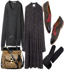 Librarian Chic — Take the opportunity to soften up a sweet dress like this one from Boy By Band of Outsiders. A structured collar and a flippy hemline are only accentuated by a slouchy sweater.
Uniqlo Round Neck Sweater, $27.90, available at Uniqlo; Tory Burch Satchel, $695, available at Tory Burch; Boy By Band Of Outsiders Print Dress, $725, available at La Garconne; Madewell The Aberdeen Oxford, $198, available at Madewell; Otte Plush Fleece Lined Tights, $38, available at OtteNY.
01