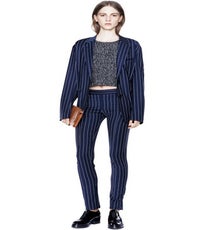Acne Vito Navy Pinstripe Blazer, $580, available at Acne; Pinstripe Trouser, $370, available at Acne. acne-580-370