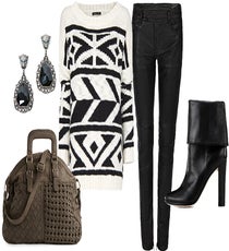 Mixed Textures — The nubby quality of a great sweater calls for some inspired tactile combinations. Pair it with waxed jeans and glossy boots (or vice versa — just pile it on!).
Zara Gem Encrusted Leopard Drops, $17, available at Zara; Urban Expressions Bridget Satchel, $59.95, available at DSW; Mango Oversized Jumper, $70, available at Mango; All Saints Biker Pant, $495, available at All Saints; Ann Taylor Ingrid Booties, $248, available at Ann Taylor.
03
