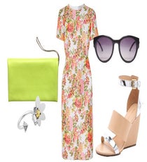 Afternoon Garden Party — Outdoor weddings require practicality as much as they do style. Pair a punchy-printed dress with grass-friendly wedges, elegant shades, and an eye-popping clutch, and you'll be just as comfortable as you are chic.
Clockwise from bottom left: Wanderluster Ring, $42, available at R29 Shops; Gap Clutch, $39.95, available at Gap; Stella McCartney Dress, $1,195, available at Net-A-Porter; Pixie Market Sunglasses, 14, available at Pixie Market; Rebecca Minkoff Shoes, $260, available at Shopbop.
25BBuTsKbnF7BrZ5RxFZy2BFeDK6rAK5zIORElshkaE