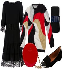 Add just the right amount of quirky holiday spirit to your party dresses by bringing out your ugly sweater for a big night out. Oh, and you'll stay warm, too. Win win. Clockwise from top left: Red Valentino Flared Slash Neck Dress, $680, available at FarFetch; Rafaella Fuzzy Pullover, $60, available at R29 Shops; Gap Opaque Tights, $12.95, available at Gap; DV by Dolce Vita Lunna Flat, $78.95, available at Nordstrom; Kate Spade Normandy Park Dot Bag, $298, available at Kate Spade.
slide_5