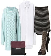 Short Stack — The puffier the sweater is, the shorter the skirt should be. For ladies who love their minis, an oversized sweater is the perfect topper for chilly days. Don't forget your tights, though!
Marlene Birger Kittia Mint Sweater, $435, available at Shop Les Nouvelles; Mango Two-Tone Shoulder Bag, $49.99, available at Mango; T By Alexander Wang Oxford Shirt, $175, available at La Garconne; Topshop Diamond Pelmet Skirt, $72, available at Topshop; Jean-Michel Cazabat Shoe, $295, available at Barneys.
02