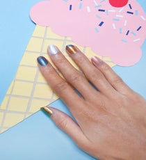 From left: Sephora + Pantone Universe Spectral Nail Polish in Antique Gold and Waterfall, $10 each, available at Sephora; Tom Ford Beauty Nail Lacquer in Vapor, $30, available at Saks Fifth Avenue; Butter London Nail Lacquer in Marbs, $15, available at B-Glowing; Bobbi Brown Shimmer Nail Polish in Pink Pearl, $18, available at Bobbi Brown.
Manicures by Eri Handa; Modeled by Hazel at Flaunt Models 10_Nailapalooza_060713_134_1_r