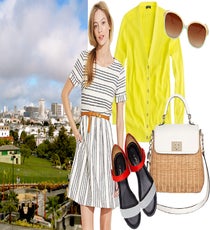 Sweet And Sunny
We’re all for brightening up an outfit with a sunny sweater, and when we’re proceeding to the park, it’s a necessity (pals can spot you lounging from a mile away). We recommend teaming this bold, J.Crew cardi with a sweet, striped dress for an ensemble that is frolic-ready and Dolores Park-worthy. The woven bag, cutesy shades, and 3.1 Phillip Lim sandals are just icing on the sartorial cake.
Madewell Stucco Stripe Songbird Dress, $138, available at Madewell; J.Crew Cotton Ribbed Cardigan in Fresh Kiwi, $70, available at J.Crew; 3.1 Phillip Lim Red Sidibe Flat Sandals, $375, available at SSENSE; Fancy French Cologne Wilcox Shades, $18, available at Fancy French Cologne; Kate Spade New York Satchel, $398, available at Bloomingdale's.
Photo: Via Dolores Park Works dolores park outfits