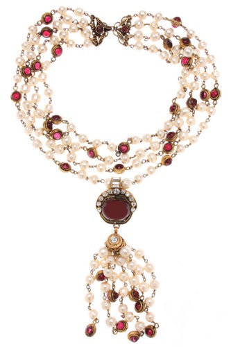 Early-Lagerfeld-for-Chanel-multi-stand-faux-pearl-and-poured-glass-cabochon-dated-1984-$9500