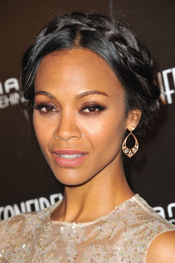 Zoe Saldana Beauty - Milkmaid Braid Hairstyle Updo